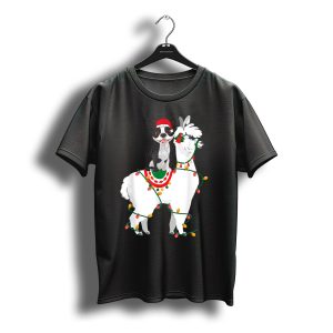 Boston Terrier In Santa Hat On Llama Wrapped In Christmas Lights T-Shirt