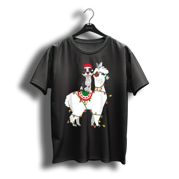 Boston Terrier In Santa Hat On Llama Wrapped In Christmas Lights T Shirt t shirt 1
