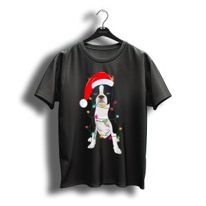Boston Terrier Wrapped In Christmas Lights With Santa Hat T-Shirt