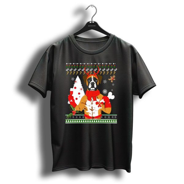 Boxer Dog Christmas Ugly Sweater Style With Reindeer Antlers And Festive Decorations T Shirt 1 t shirt 1