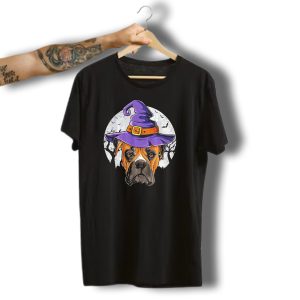 Boxer Dog Wearing Purple Witch Hat Under Full Moon With Bats Halloween T-Shirt