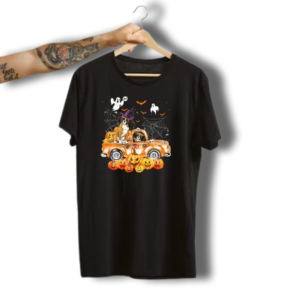 Boxer Dog Witch Hat On Halloween Pumpkin Truck With Ghosts And Cobwebs T Shirt t shirt 1