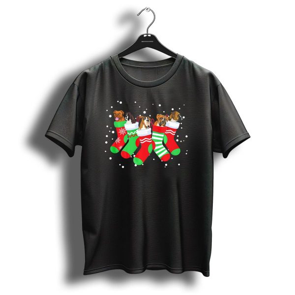 Boxer Dogs In Christmas Stockings Cute Holiday Socks With Snowflakes T Shirt 1 t shirt 1