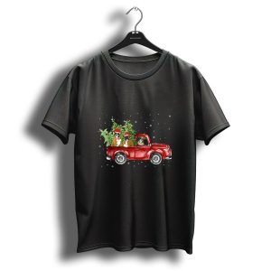 Boxer Dogs In Santa Hats Riding Red Pickup Truck With Christmas Trees In Snow T Shirt