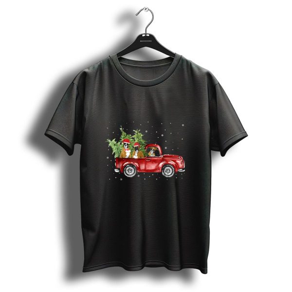 Boxer Dogs In Santa Hats Riding Red Pickup Truck With Christmas Trees In Snow T Shirt 1 t shirt 1