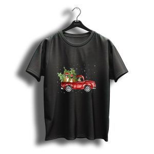 Boxer Dogs In Santa Hats Riding Red Pickup Truck With Christmas Trees In Snow T-Shirt