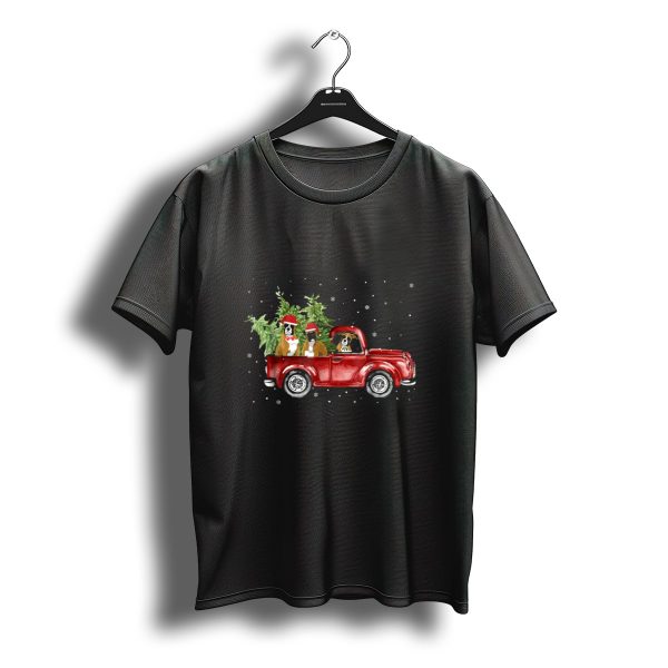 Boxer Dogs In Santa Hats Riding Red Pickup Truck With Christmas Trees In Snow T Shirt t shirt 1