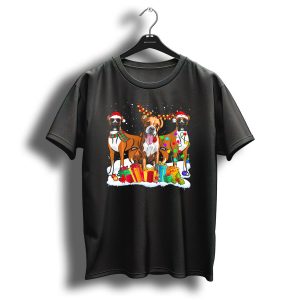 Boxer Dogs With Santa Hats And Christmas Lights Surrounded By Gifts And Snow T Shirt