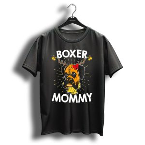 Boxer Mommy Reindeer Antlers Christmas Lights Bow Scarf Dog T-Shirt