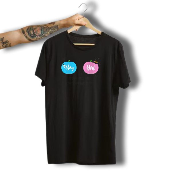 Boy Or Girl Halloween Gender Reveal What Will Our Little Pumpkin Be Dad Brother Sister78 T Shirt t shirt 1