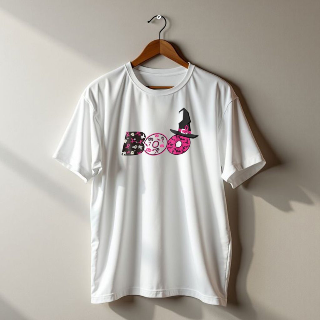 Breast Cancer Awareness Boo Halloween Witch Hat Spiders Ghosts Bats T Shirt t shirt 1 1