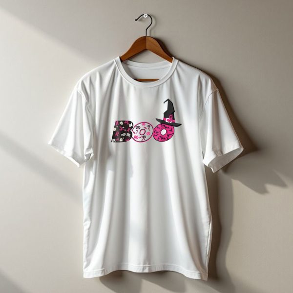 Breast Cancer Awareness Boo Halloween Witch Hat Spiders Ghosts Bats T Shirt t shirt 1