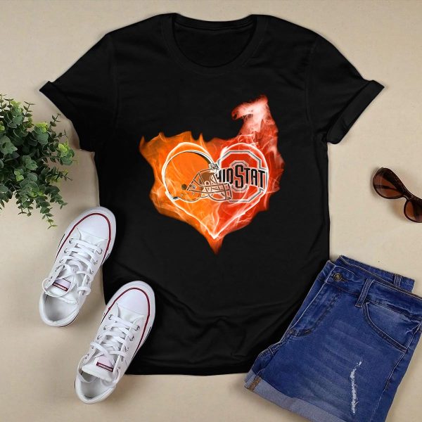 Browns Ohio State Buckeyes Flaming Heart T Shirt Black 1