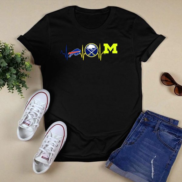 Buffalo Bills Buffalo Sabres Michigan Wolverines Heartbeat Love T Shirt Black 1
