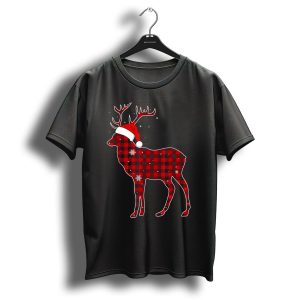 Buffalo Plaid Moose Santa Hat Christmas Snowflakes T Shirt