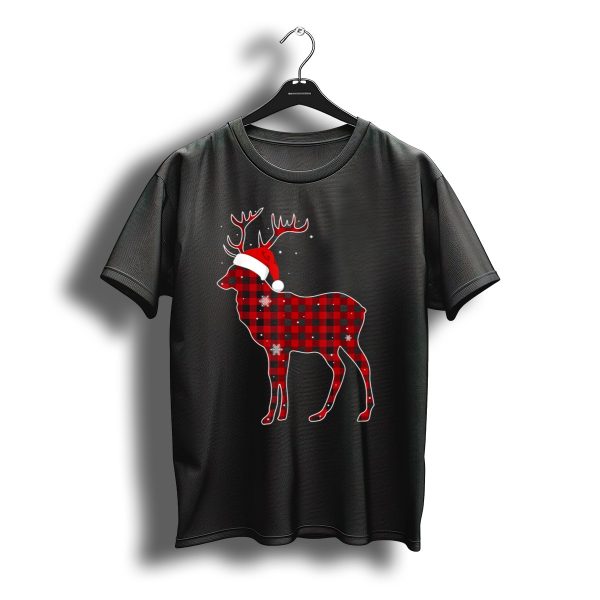 Buffalo Plaid Moose Santa Hat Christmas Snowflakes T Shirt t shirt 1