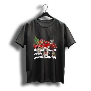 Bulldog Santa Riding Red Truck With Christmas Tree And Snowflakes T-Shirt