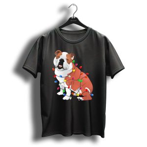 Bulldog Wrapped In Festive Christmas Lights Decor T Shirt