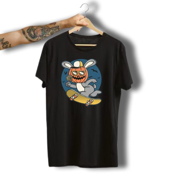 Bunny Jump Halloween Skateboarder Pumpkin Head With Lollipop T Shirt t shirt 1