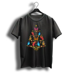 Butterfly Bird Lover Xmas Tree With Colorful Butterfly Christmas Tree Ornaments T-Shirt