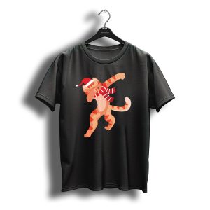 Calico Cat Dabbing With Santa Hat And Striped Scarf Christmas T-Shirt