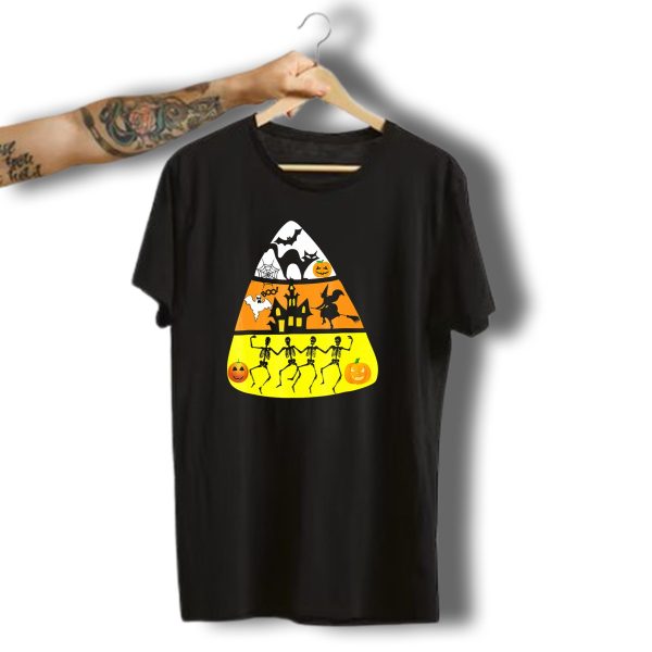 Candy Corn Halloween Scene Witch Skeletons Pumpkins Ghost Bats Haunted House Boo T Shirt t shirt 1