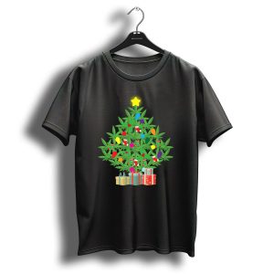 Cannabis Leaf Christmas Tree With Star And Colorful Holiday Lights T Shirt