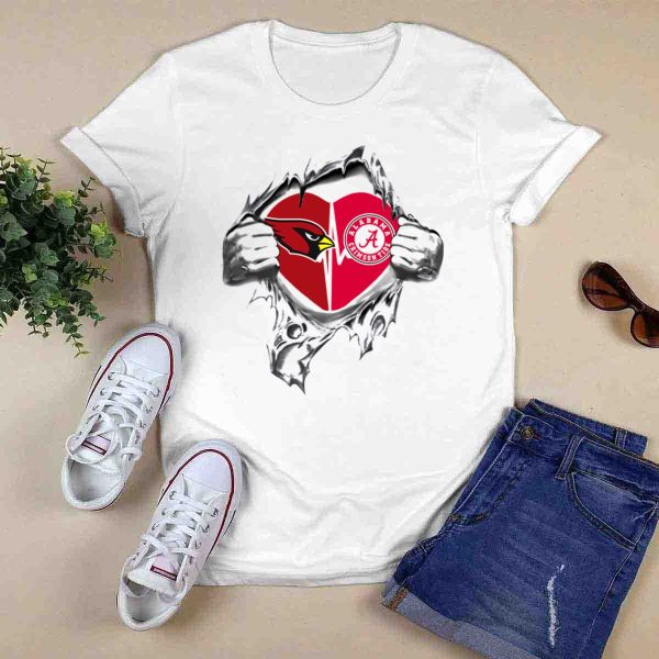 Cardinals Alabama Crimson Tide Heart Symbol Split In Torn T Shirt Style 1 0