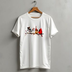 Cardinals And Chickadees On Festive Branch Merry Christmas T Shirt 1