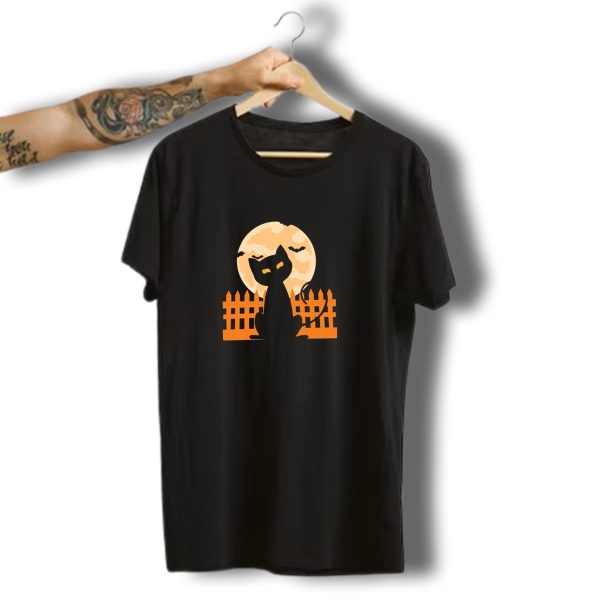 Cat Cute Halloween Cat Moon Bats Fence T Shirt t shirt 1