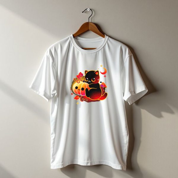 Cat Demon Halloween Moon Pumpkin Leaves Bat Wings T Shirt t shirt 1