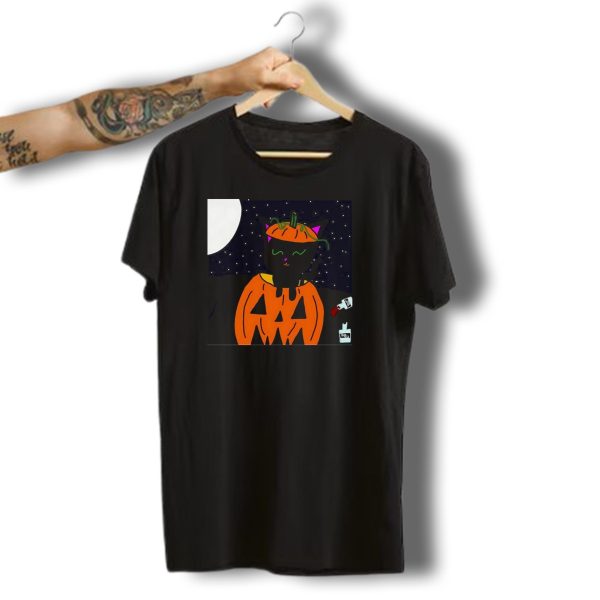 Cat OLantern Halloween Black Cat In Pumpkin Under Moon With Milk Carton T Shirt t shirt 1