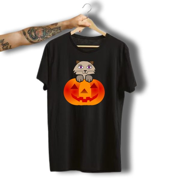 Cat Peeking Over Halloween Jack O Lantern Pumpkin T Shirt t shirt 1