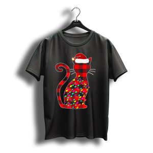 Cat Red Plaid Family Christmas Lights Santa Hat T-Shirt
