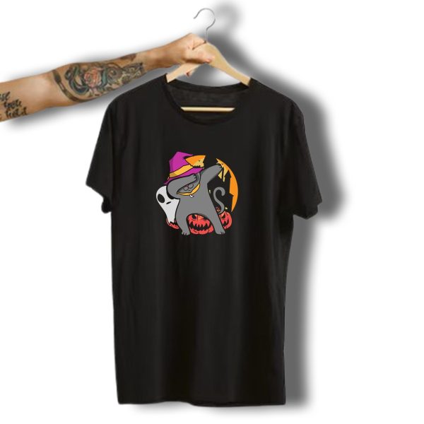 Cat Witch Dabbing With Ghost And Pumpkins Halloween Scene T Shirt t shirt 1