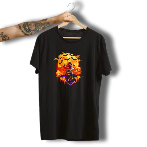 Cat Witch With Pumpkin Lanterns And Bats Halloween Moon T Shirt t shirt 1