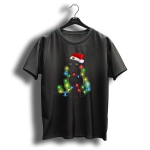 Cat Wrapped In Christmas Lights With Santa Hat T Shirt