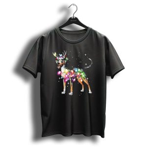 Catahoula Leopard Dog Wrapped In Christmas Lights With Reindeer Antlers And Santa Hat T-Shirt