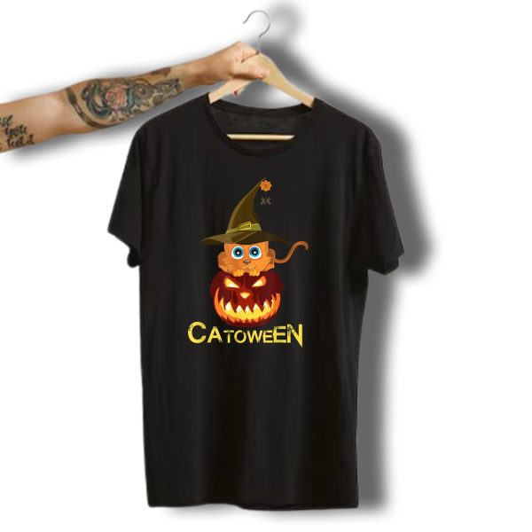 Catoween Halloween Cat With Pumpkin And Witch Hat T Shirt t shirt 1