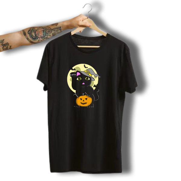 Cats Halloween Black Cat With Pumpkin Witch Hat Moon Bats Funny Cat T Shirt t shirt 1
