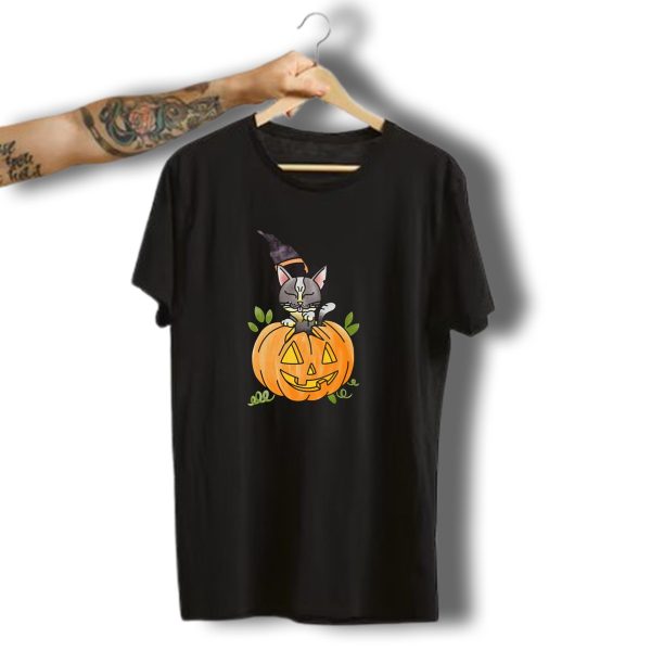 Cats Halloween Kitty Funny Cat Pumpkin Witch Hat T Shirt t shirt 1