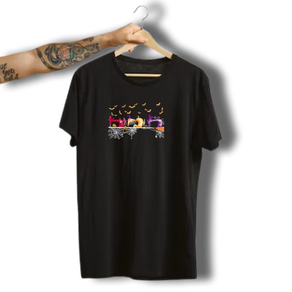 Cats Halloween Sewing Machine Pumpkin Skull Bats Spiderwebs T Shirt t shirt 1