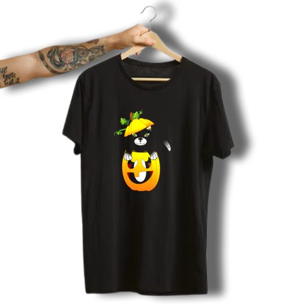 Cats Happy Halloween Kitty In Jack O Lantern Pumpkin Hat Green Vines T Shirt t shirt 1