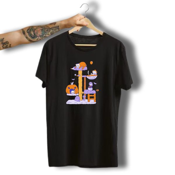 Cats In Halloween Horror Cosplay Playground With Pumpkins And Ghosts T Shirt t shirt 1