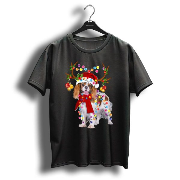 Cavalier King Charles Spaniel With Santa Hat And Reindeer Antlers Christmas Lights T Shirt 1 t shirt 1