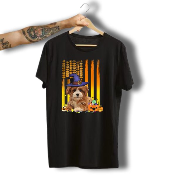 Cavapoo Dog In Witch Hat With Halloween Pumpkins And American Flag T Shirt t shirt 1