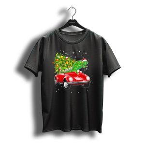 Chameleon In Santa Hat On Red Beetle With Christmas Tree And Snowflakes T-Shirt