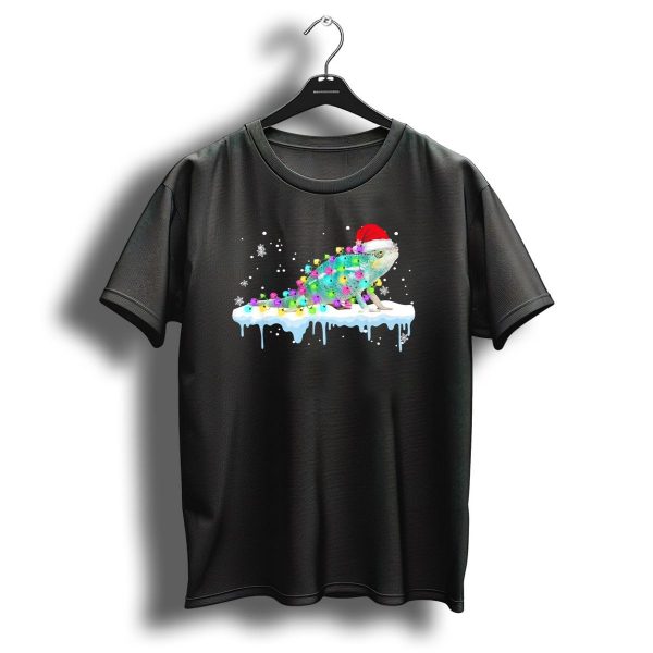 Chameleon Wrapped In Christmas Lights Wearing Santa Hat On Snow With Snowflakes T Shirt 1 t shirt 1
