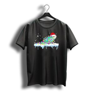 Chameleon Wrapped In Christmas Lights Wearing Santa Hat On Snow With Snowflakes T-Shirt