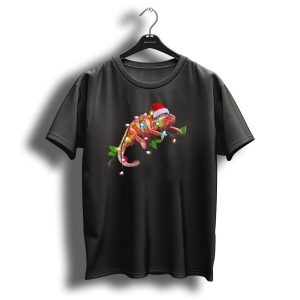 Chameleon Wrapped In Christmas Lights With Santa Hat T Shirt